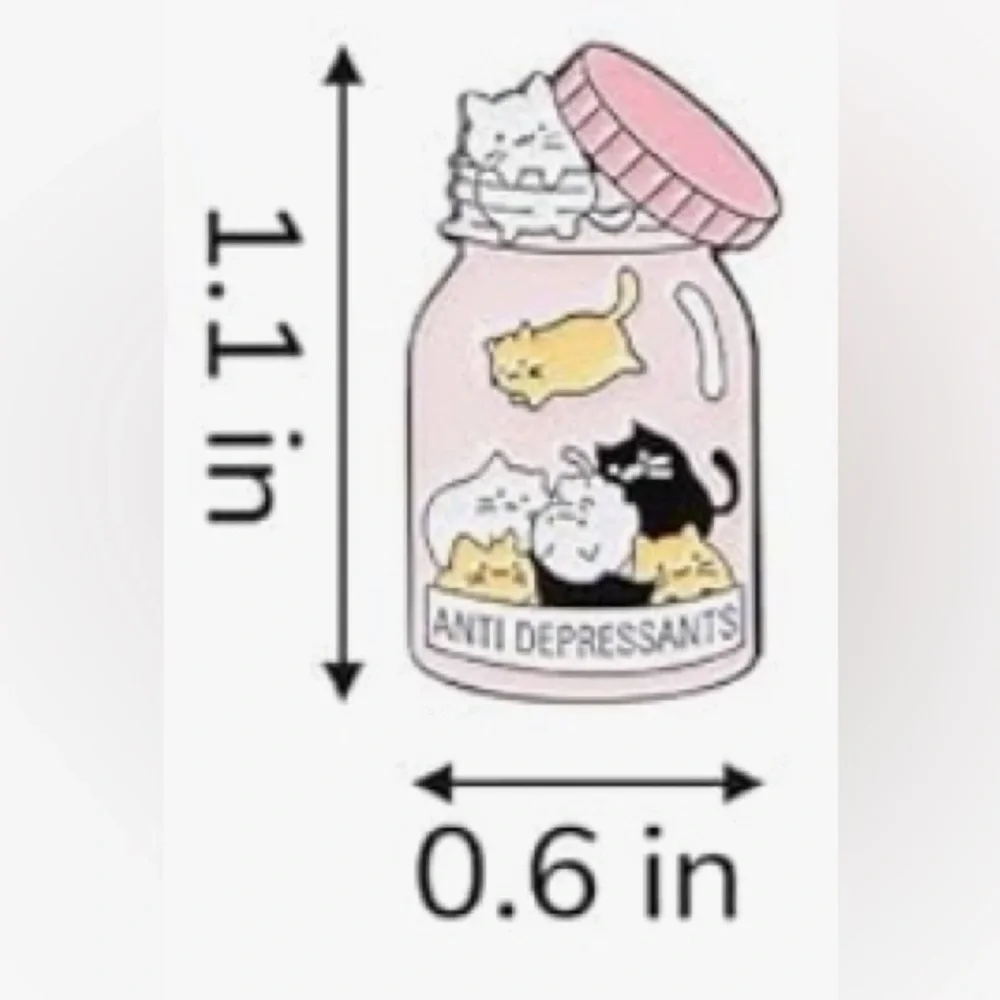 Fun, Kawaii Style ANTIDEPRESSANTS Cat Brooch Pin, Pink, Black, Gold, White